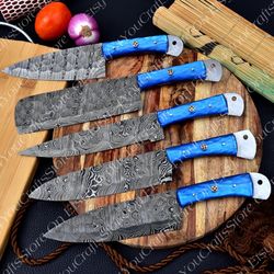 blue kitchen chef knives set , damascus steel knives set , handmade gift for her