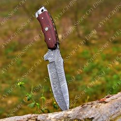 hand forged knife damascus steel hunting knife with leather sheath , best for outdoors adventure
