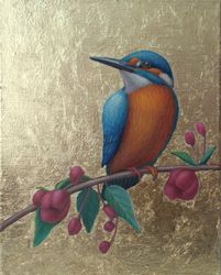 Bird painting original art kingfisher painting modern wall art contemporary art gold leaf art Gift idea