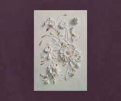 Sculptural wall art White and Gold Floral bas-relief Plaster panel Botanical artwork Lovely gift ready to hang