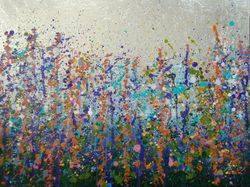 Horizontal landscape art Silver wall art for living room Field of flowers oil painting Modern floral art on canvas