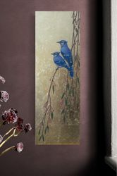 bird painting, gold painting, blue birds on branches, Chinese art