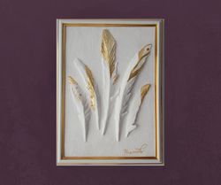 Framed 3d wall art Gold Feathers white and gold bas relief Decorative wall panel Sculptural wall art gold leaf art
