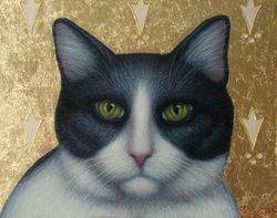 Regal Feline Majesty Realistic White and Black Cat on Luxurious Gold Leaf Background Acrylic Painting Animalistic art