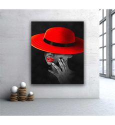 woman with red hat canvas wall art, woman