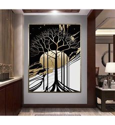 golden tree canvas wall art, golden embroidery canvas
