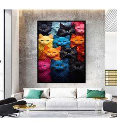 Colorful Cats Wall Art, Cute Animals Canvas, Modern