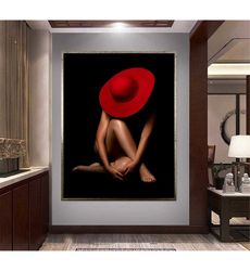 woman in red hat canvas wall art, nude
