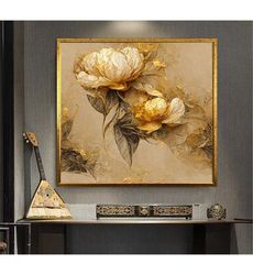 floral canvas print, gold flower art, floral decor,