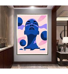 blue woman canvas wall art, circle canvas print