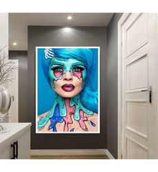 blue haired woman canvas wall art, pop woman