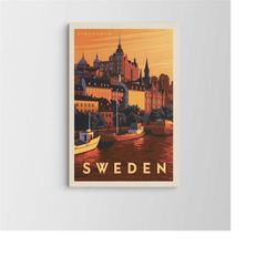 sweden poster / stockholm city canvas / travel art / retro colors poster / extra large wall art / popular art decor / tr