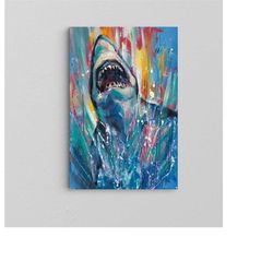 scary shark wall art / swimming shark canvas art / blue art / scary shark canvas print / sea world canvas home decor / r