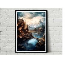 The Elder Scrolls Skyrim Village World Dragon Poster Artwork Alternative Design Movie Film Poster Print