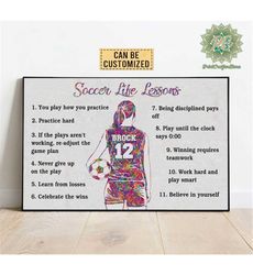 Personalized Women Soccer Life Lessons Watercolor Poster/Canvas, Vintage