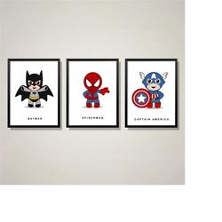 Superhero Posters for Nursery Set of 3 photo, Superhero Poster Set, Boys Bedroom Art, Superhero wall art set, Kids Super