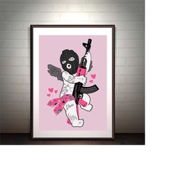 Gangster Tattoo Angel and Pink AK-47, Angel Wall Art, Gun Art, Tattoo Angel Digital Download