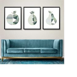 Set Of Three Framed Wall Art Prints Of Geometric Pear, Pineapple And Apple in Shades Of Sage Green...