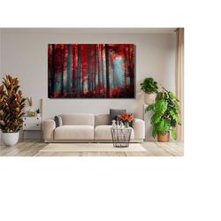 Red Forest Trees Wall Art,Nature Forest Poster,Forest Painting,Botanical Canvas Wall Art,Red Forest Canvas Wall Art Deco
