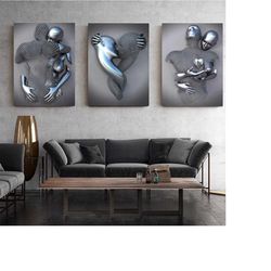 Silver Love Canvas Wall Art Print,set of 3 silver Canvas Art,Hugging Wall Art,Kissing Wall Art,Love Wall Decors,3d effec
