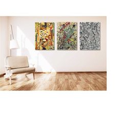 Set Of 3 Jackson Pollock Yellow White Beige Canvas Wall Art,Wassily Kandinsky Abstract Poster Print,Wassily Kandinsky Mu
