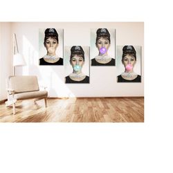 Set Of 4 Audrey Hepburn Bubble Gum Poster Print Art,Blowing Bubble Gum Canvas Art,Lady Bubble Poster Print Wall Art,Fash