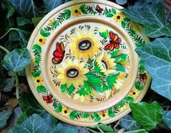 Decorative wooden plate Sunflowers, Wood wall plate, Floral plate, Decor for hanging Ethnic gift Ukrainian Kitchen decor