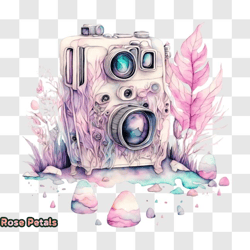 Vintage Camera with Pink Flowers and Leaves PNG Design 146