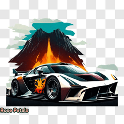 High Speed Racing Car with Active Volcano Background PNG Design 173