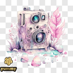 Vintage Camera with Pink Flowers and Leaves PNG Design 146