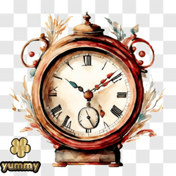 Vintage Flower Decorated Clock on Black Background PNG Design 167