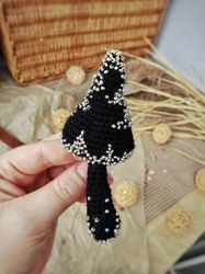 Black Mushroom cotton brooch , amanita brooch beads decor, black pins, BOHO brooch gift for woman, Christmas gift