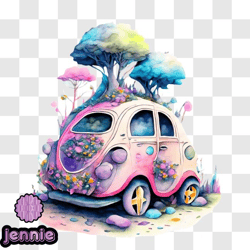 Colorful Car Art Piece with Nature Elements PNG Design 175