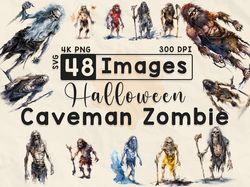 48 Spooky Halloween Zombie Caveman Clipart, Watercolor Clipart, Halloween PNG, Gothic Caveman, Scrapbook, Paper Crafts,