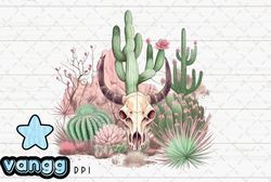 Cow Skull Vintage Desert Cactus PNG Design 04