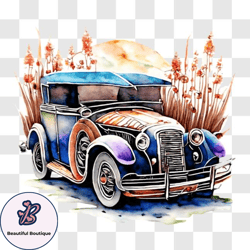 Watercolor Painting of Classic Car in Nature PNG Design 174