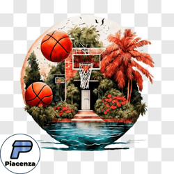 Scenic Basketball Court with Palm Trees and Pool PNG Design 84