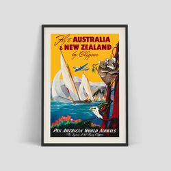 Fly to Australia & New Zealand - Vintage travel poster for Pan American Airlines, 1950s