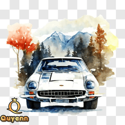 Watercolor Painting of Vintage Car in Forest PNG Design 162