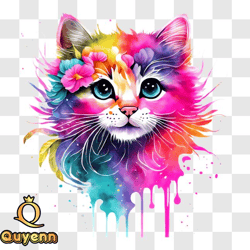 Adorable Colorful Kitten with Floral Headband PNG Design 204