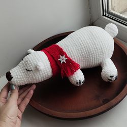 white teddy bear toy, the christmas bear, plush bear in a scar, stuffed animal bear, amigurumi bear