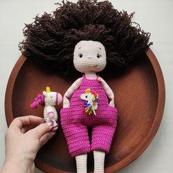 Plush doll girl and unicorn, Handmade doll in clothes, Best gift for children, Amigurumi doll, Unicorn toy