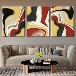 Abstract 3 piece wall art Fluid art poster Bedroom modern wall decor Neutral red extra large framed canvas Living room l