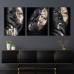 African American 3 piece wall art prints Black gold woman canvas set of 3 panel Fashion girl poster Extra large framed m