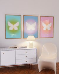 Aura Poster Set of 3 Prints, Butterfly Wall Art, Spiritual Gradient Wall Art Set, Pastel Print, Y2K Aesthetic, Preppy Ro