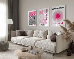 Bauhaus Abstract Wall Art Prints, Pink Gallery Wall Set of 3, Minimalist Bauhaus Exhibition Poster, Frame and Canvas Pri