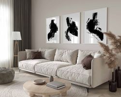 Bedroom Wall Art, Black and White Wall Art, 3 Piece Art Prints, Abstract Poster Set, Brush Strokes, Living Room Art, Set