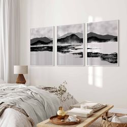 Black White Abstract Mountain printable art prints set of 3, Minimalist Gallery wall set, 3 piece downloadable wall art,
