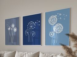 Blue floral dandelion botanical set of 3 prints trendy home decor line art flowers plants design livingroom poster set b