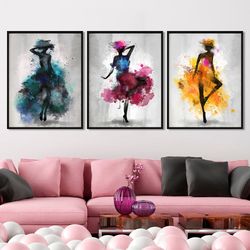 Colorful woman flowers wall art set Floral abstract blue yellow panel print set of 3 canvas Living room Bedroom 3 piece